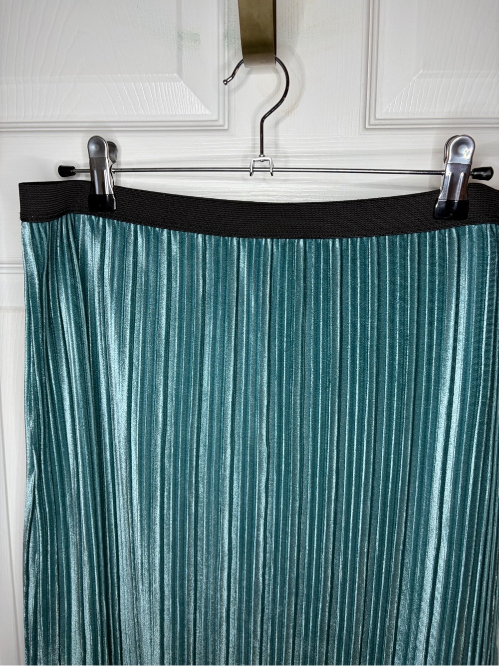 Leith Teal Blue Green Pleated Midi Velour Velvet Skirt Black Elastic Waistband L - Picture 6 of 13